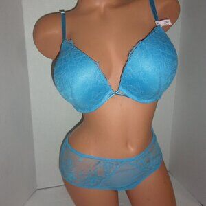 Victoria's Secret  Bombshell +2 cups Blue Lace Bra & Open Back Cheeky